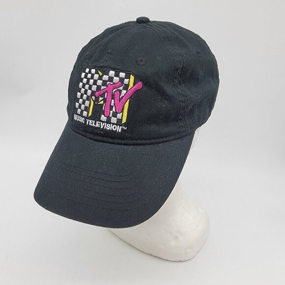 MTV Hat Music Television Black Adjustable Strapback Retro Cap Checker Logo OSFM - Picture 1 of 5